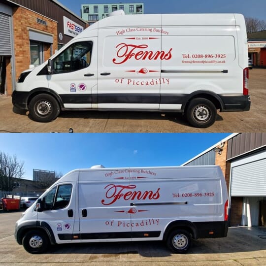 An image collage of a white Fenns van with vehicle graphics and wraps